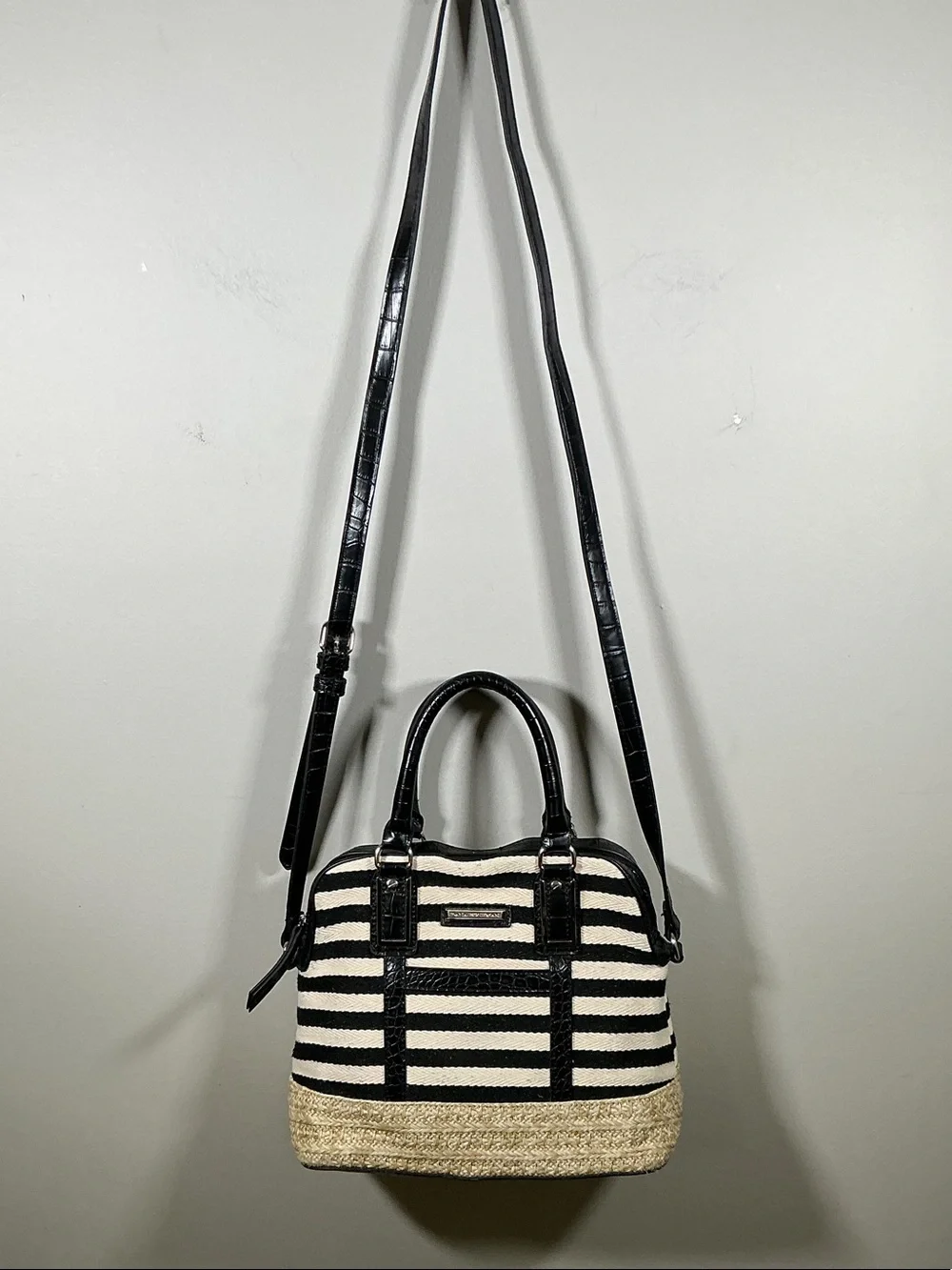 Dana Buchman Black White Straw Satchel Crossbody Bag Woven Top Handle Resort